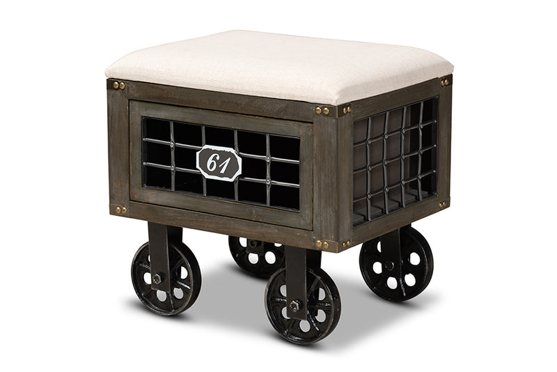 Baxton Studio Harley Transitional Rustic Farmhouse Beige Fabric Upholstered Antique Distressed Wood and Black Metal 1-Drawer Wheeled Storage Ottoman