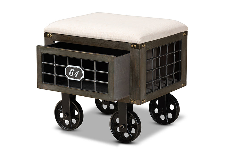 Baxton Studio Harley Transitional Rustic Farmhouse Beige Fabric Upholstered Antique Distressed Wood and Black Metal 1-Drawer Wheeled Storage Ottoman