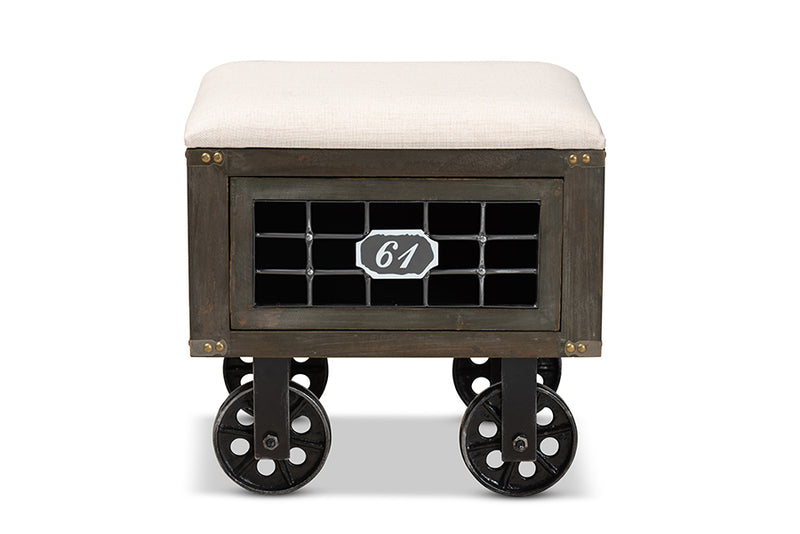 Baxton Studio Harley Transitional Rustic Farmhouse Beige Fabric Upholstered Antique Distressed Wood and Black Metal 1-Drawer Wheeled Storage Ottoman
