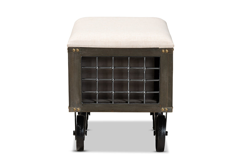Baxton Studio Harley Transitional Rustic Farmhouse Beige Fabric Upholstered Antique Distressed Wood and Black Metal 1-Drawer Wheeled Storage Ottoman