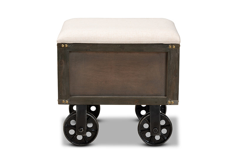 Baxton Studio Harley Transitional Rustic Farmhouse Beige Fabric Upholstered Antique Distressed Wood and Black Metal 1-Drawer Wheeled Storage Ottoman