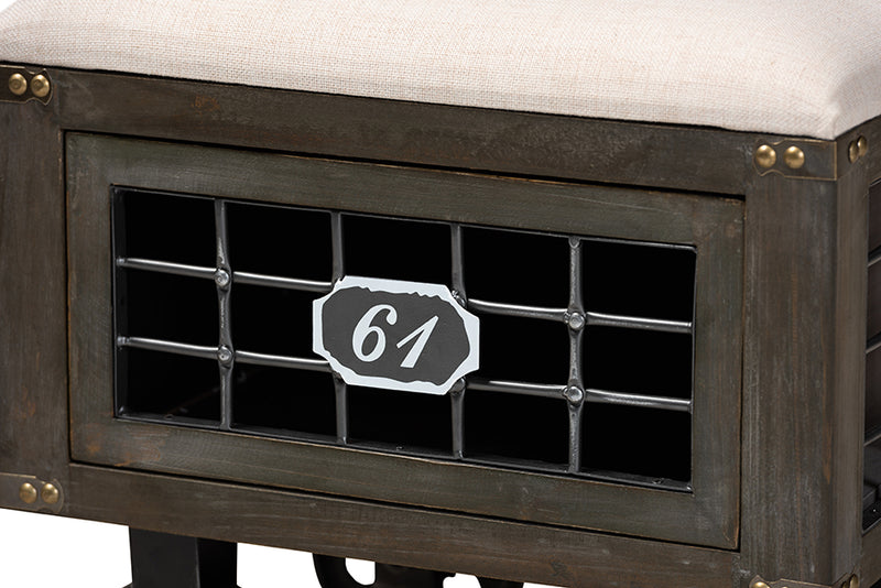 Baxton Studio Harley Transitional Rustic Farmhouse Beige Fabric Upholstered Antique Distressed Wood and Black Metal 1-Drawer Wheeled Storage Ottoman