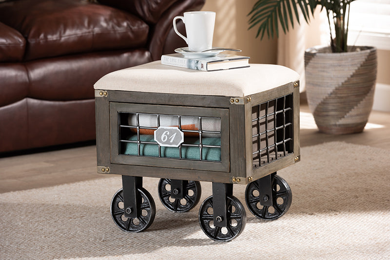 Baxton Studio Harley Transitional Rustic Farmhouse Beige Fabric Upholstered Antique Distressed Wood and Black Metal 1-Drawer Wheeled Storage Ottoman