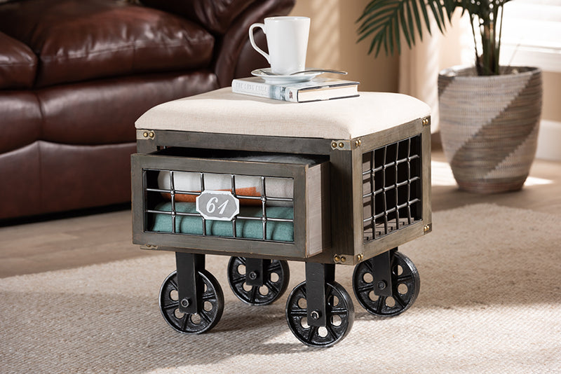 Baxton Studio Harley Transitional Rustic Farmhouse Beige Fabric Upholstered Antique Distressed Wood and Black Metal 1-Drawer Wheeled Storage Ottoman