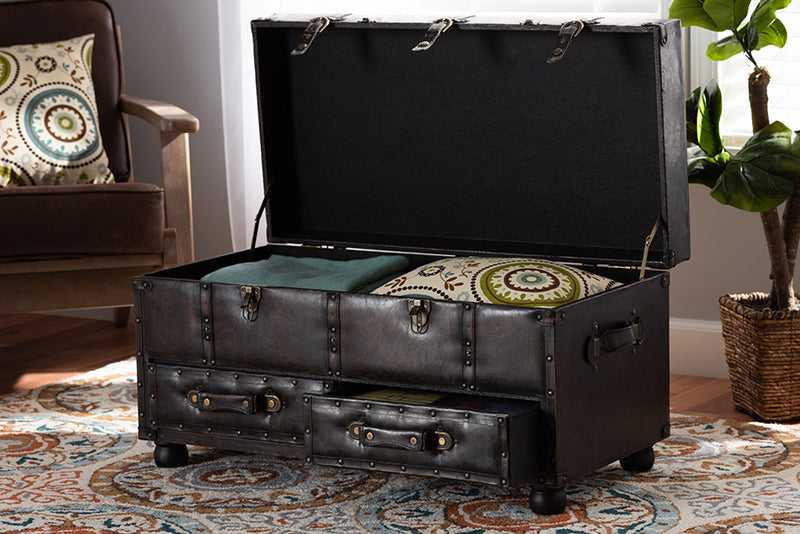 Baxton Studio Callum Modern Transitional Distressed Dark Brown Faux Leather Upholstered 2-Drawer Storage Trunk Ottoman
