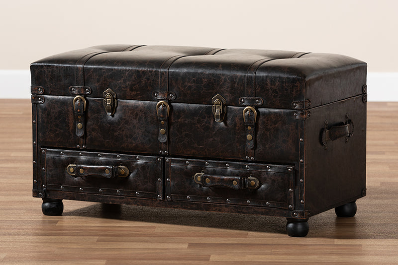 Baxton Studio Callum Modern Transitional Distressed Dark Brown Faux Leather Upholstered 2-Drawer Storage Trunk Ottoman