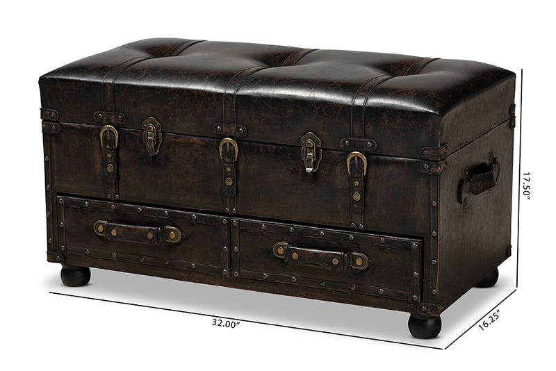 Baxton Studio Callum Modern Transitional Distressed Dark Brown Faux Leather Upholstered 2-Drawer Storage Trunk Ottoman