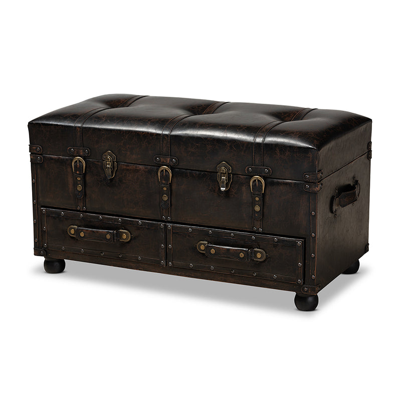 Baxton Studio Callum Modern Transitional Distressed Dark Brown Faux Leather Upholstered 2-Drawer Storage Trunk Ottoman