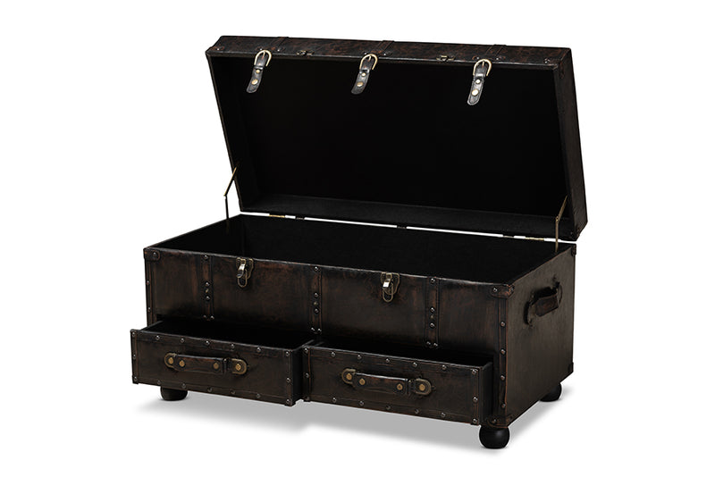 Baxton Studio Callum Modern Transitional Distressed Dark Brown Faux Leather Upholstered 2-Drawer Storage Trunk Ottoman