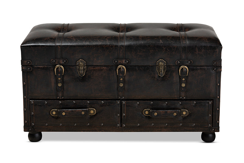 Baxton Studio Callum Modern Transitional Distressed Dark Brown Faux Leather Upholstered 2-Drawer Storage Trunk Ottoman