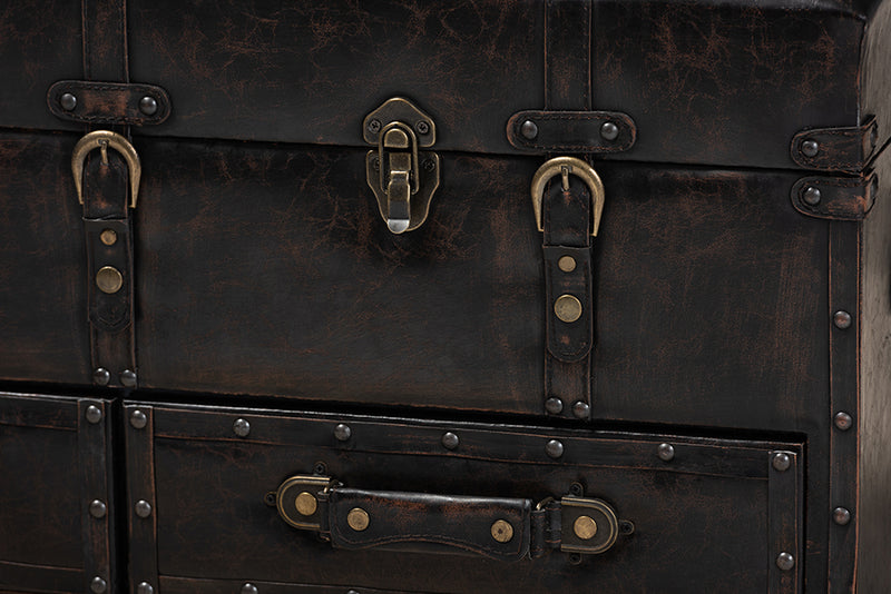 Baxton Studio Callum Modern Transitional Distressed Dark Brown Faux Leather Upholstered 2-Drawer Storage Trunk Ottoman