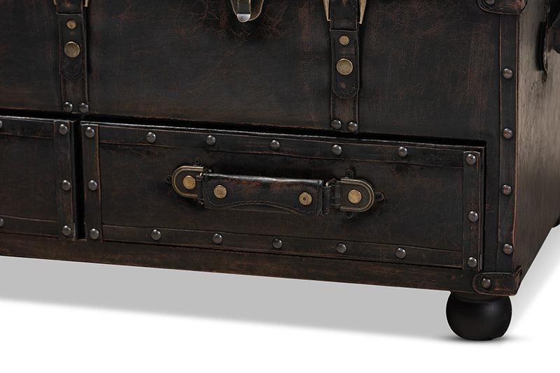Baxton Studio Callum Modern Transitional Distressed Dark Brown Faux Leather Upholstered 2-Drawer Storage Trunk Ottoman