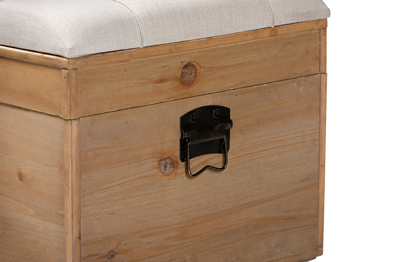 Baxton Studio Finlay Transitional Rustic Farmhouse Beige Fabric Upholstered Distressed Natural Wood and Black Metal 2-Piece Wheeled Storage Ottoman Set