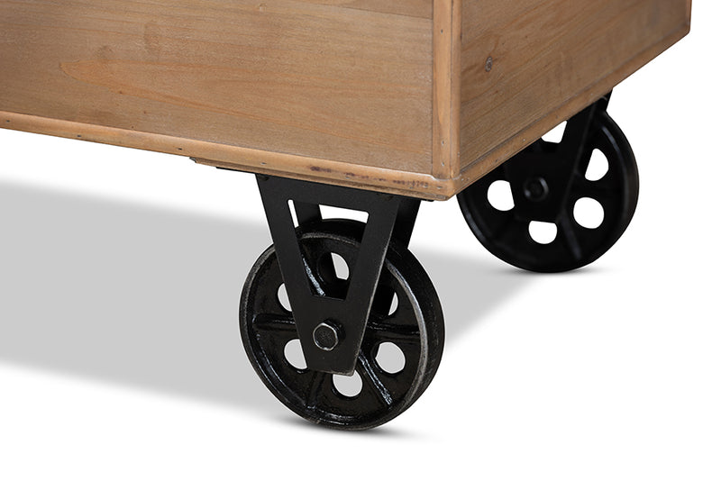 Baxton Studio Finlay Transitional Rustic Farmhouse Beige Fabric Upholstered Distressed Natural Wood and Black Metal 2-Piece Wheeled Storage Ottoman Set