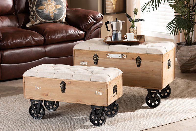 Baxton Studio Finlay Transitional Rustic Farmhouse Beige Fabric Upholstered Distressed Natural Wood and Black Metal 2-Piece Wheeled Storage Ottoman Set