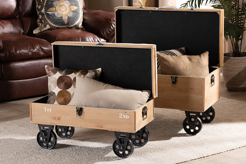 Baxton Studio Finlay Transitional Rustic Farmhouse Beige Fabric Upholstered Distressed Natural Wood and Black Metal 2-Piece Wheeled Storage Ottoman Set