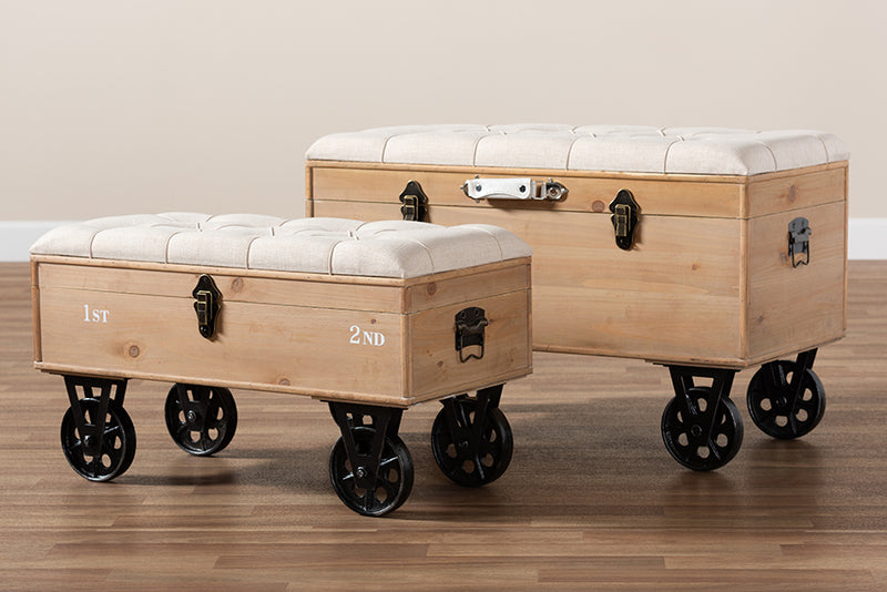 Baxton Studio Finlay Transitional Rustic Farmhouse Beige Fabric Upholstered Distressed Natural Wood and Black Metal 2-Piece Wheeled Storage Ottoman Set
