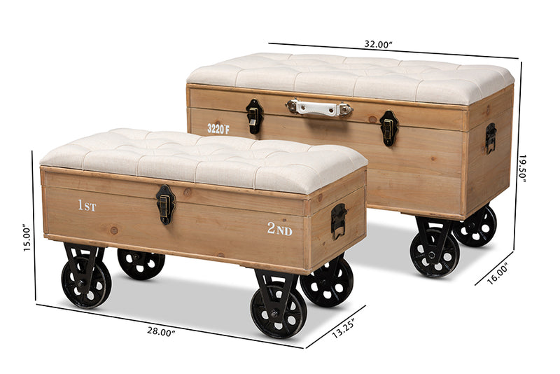 Baxton Studio Clement Rustic Transitional Farmhouse Beige Fabric Upholstered Medium Oak Finished 2-Piece Wood Spindle Storage Trunk Ottoman Set