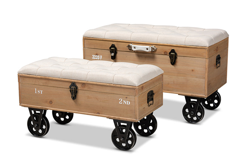 Baxton Studio Finlay Transitional Rustic Farmhouse Beige Fabric Upholstered Distressed Natural Wood and Black Metal 2-Piece Wheeled Storage Ottoman Set