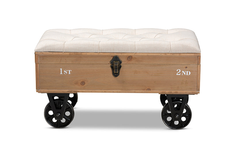 Baxton Studio Finlay Transitional Rustic Farmhouse Beige Fabric Upholstered Distressed Natural Wood and Black Metal 2-Piece Wheeled Storage Ottoman Set