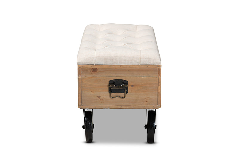 Baxton Studio Finlay Transitional Rustic Farmhouse Beige Fabric Upholstered Distressed Natural Wood and Black Metal 2-Piece Wheeled Storage Ottoman Set