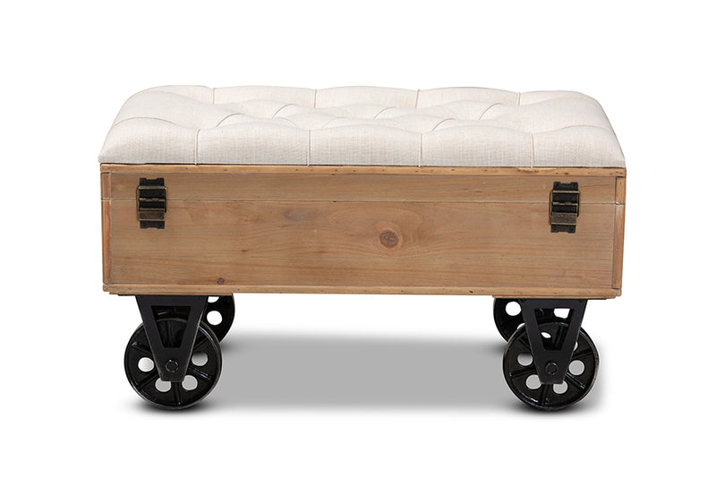 Baxton Studio Finlay Transitional Rustic Farmhouse Beige Fabric Upholstered Distressed Natural Wood and Black Metal 2-Piece Wheeled Storage Ottoman Set