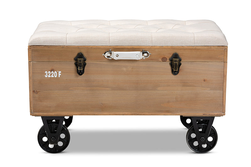 Baxton Studio Finlay Transitional Rustic Farmhouse Beige Fabric Upholstered Distressed Natural Wood and Black Metal 2-Piece Wheeled Storage Ottoman Set