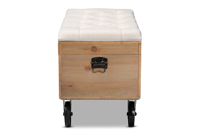 Baxton Studio Finlay Transitional Rustic Farmhouse Beige Fabric Upholstered Distressed Natural Wood and Black Metal 2-Piece Wheeled Storage Ottoman Set