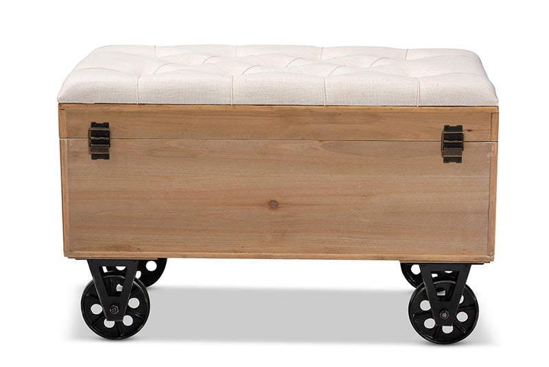 Baxton Studio Finlay Transitional Rustic Farmhouse Beige Fabric Upholstered Distressed Natural Wood and Black Metal 2-Piece Wheeled Storage Ottoman Set