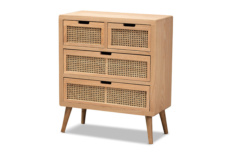 Baxton Studio Alina Mid-Century Modern Medium Oak Finished Wood and Rattan 4-Drawer Accent Storage Cabinet