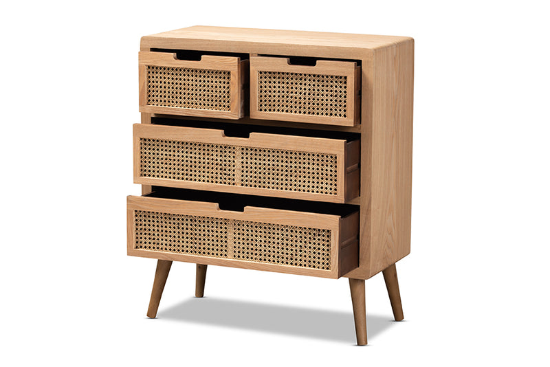 Baxton Studio Alina Mid-Century Modern Medium Oak Finished Wood and Rattan 4-Drawer Accent Storage Cabinet