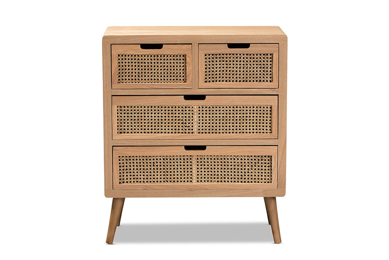 Baxton Studio Alina Mid-Century Modern Medium Oak Finished Wood and Rattan 4-Drawer Accent Storage Cabinet