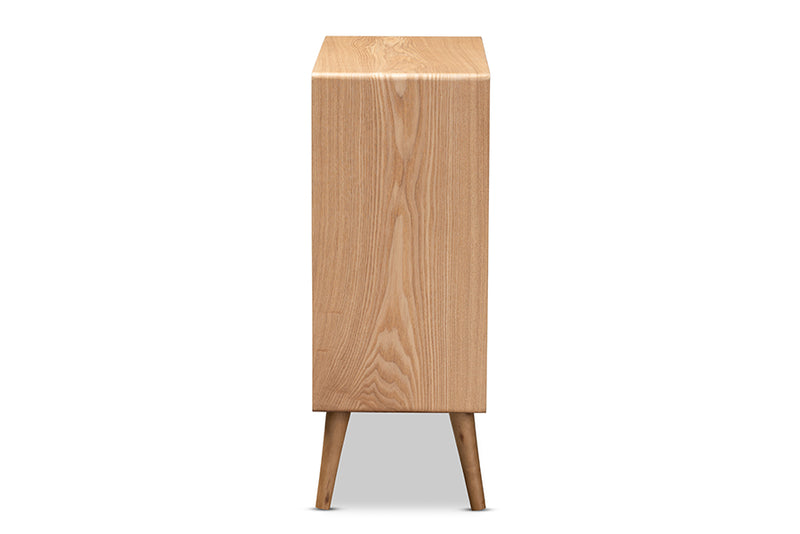 Baxton Studio Alina Mid-Century Modern Medium Oak Finished Wood and Rattan 4-Drawer Accent Storage Cabinet