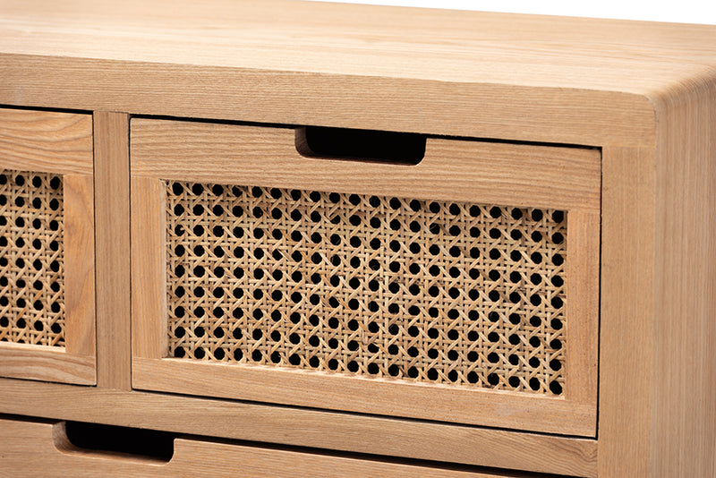 Baxton Studio Alina Mid-Century Modern Medium Oak Finished Wood and Rattan 4-Drawer Accent Storage Cabinet