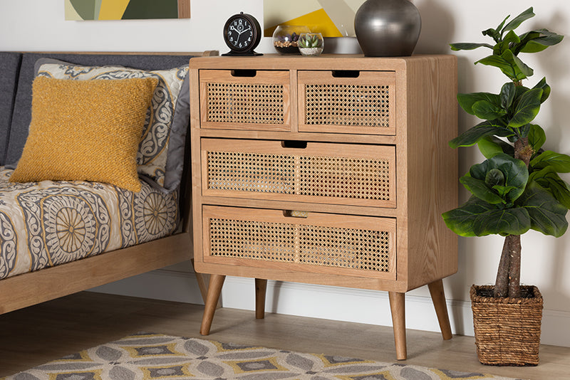 Baxton Studio Alina Mid-Century Modern Medium Oak Finished Wood and Rattan 4-Drawer Accent Storage Cabinet