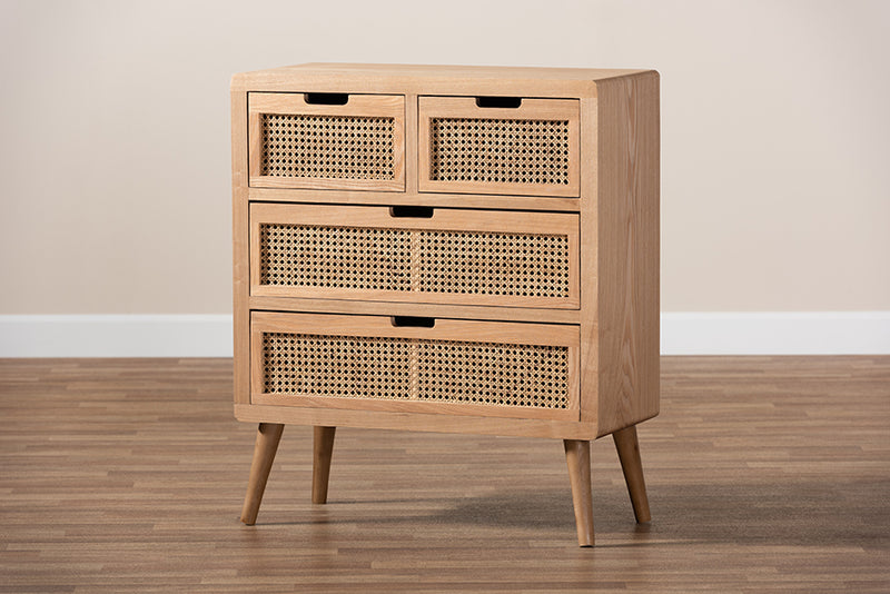 Baxton Studio Alina Mid-Century Modern Medium Oak Finished Wood and Rattan 4-Drawer Accent Storage Cabinet