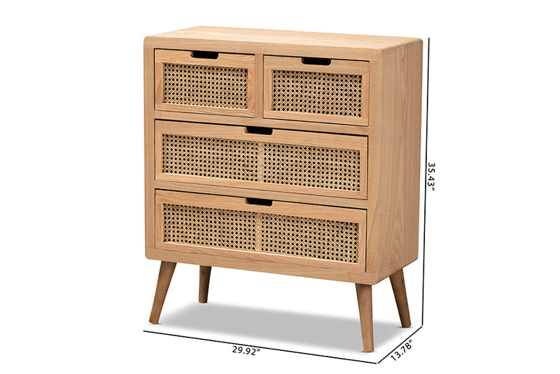 Baxton Studio Alina Mid-Century Modern Medium Oak Finished Wood and Rattan 4-Drawer Accent Storage Cabinet