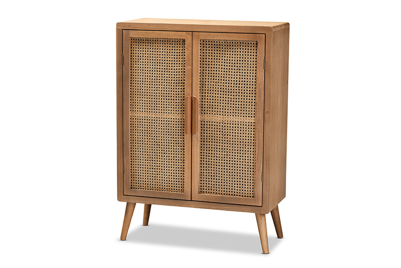 Baxton Studio Alina Mid-Century Modern Medium Oak Finished Wood and Rattan 2-Door Accent Storage Cabinet