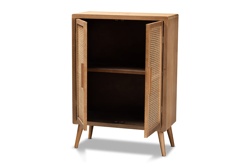 Baxton Studio Alina Mid-Century Modern Medium Oak Finished Wood and Rattan 2-Door Accent Storage Cabinet