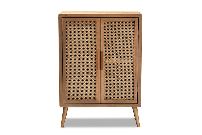Baxton Studio Alina Mid-Century Modern Medium Oak Finished Wood and Rattan 2-Door Accent Storage Cabinet