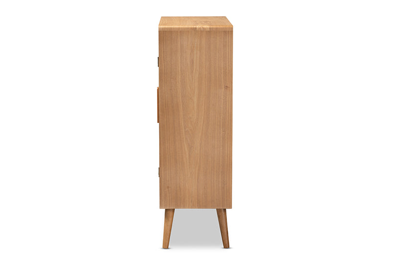 Baxton Studio Alina Mid-Century Modern Medium Oak Finished Wood and Rattan 2-Door Accent Storage Cabinet