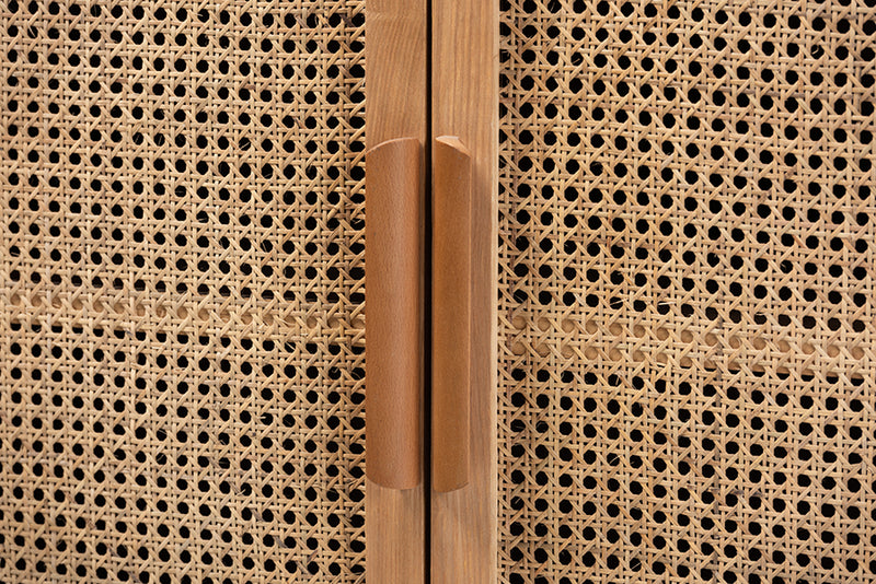 Baxton Studio Alina Mid-Century Modern Medium Oak Finished Wood and Rattan 2-Door Accent Storage Cabinet