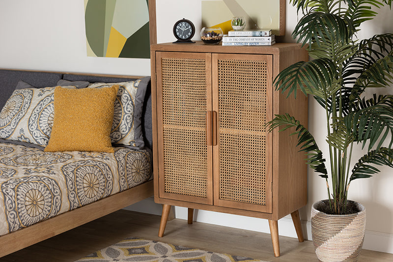 Baxton Studio Alina Mid-Century Modern Medium Oak Finished Wood and Rattan 2-Door Accent Storage Cabinet