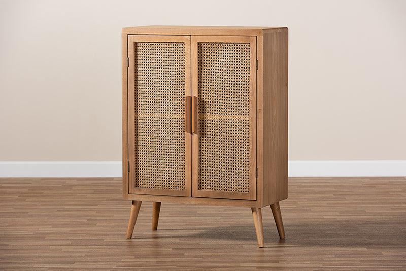 Baxton Studio Alina Mid-Century Modern Medium Oak Finished Wood and Rattan 2-Door Accent Storage Cabinet