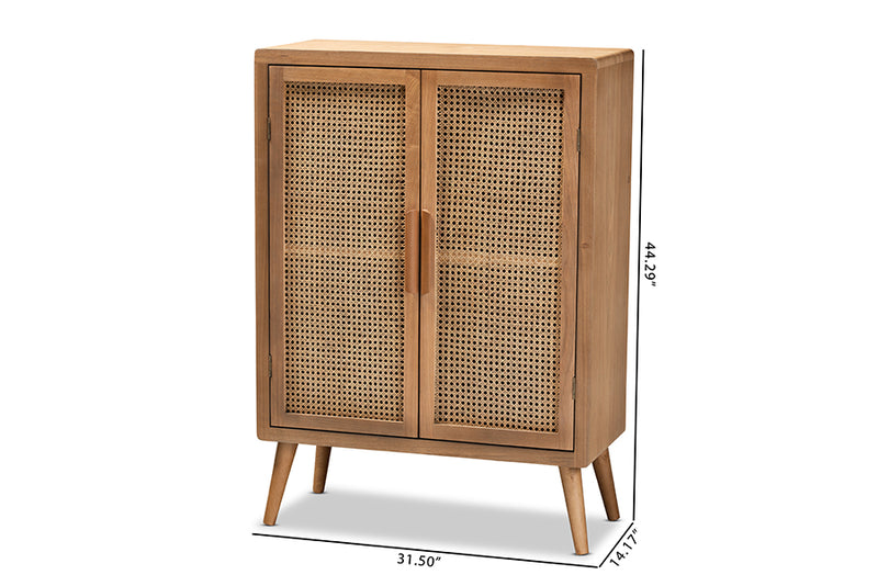 Baxton Studio Alina Mid-Century Modern Medium Oak Finished Wood and Rattan 2-Door Accent Storage Cabinet