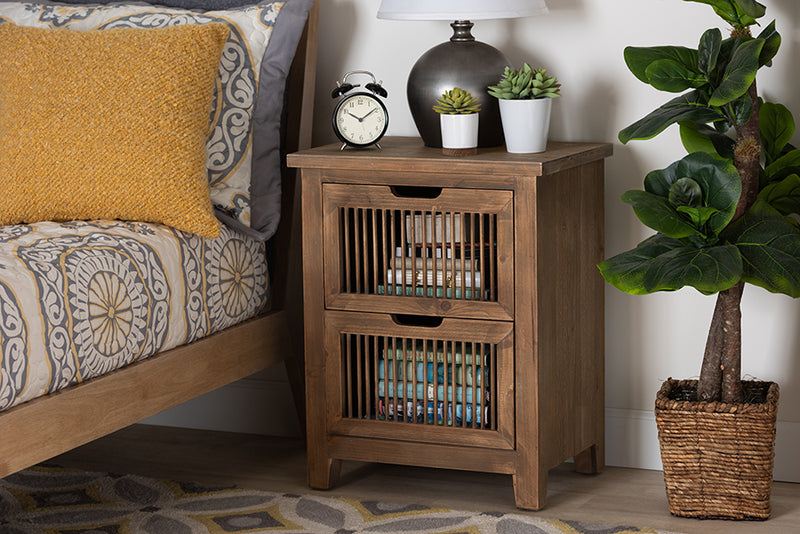 Baxton Studio Clement Rustic Transitional Medium Oak Finished 2-Drawer Wood Spindle Nightstand