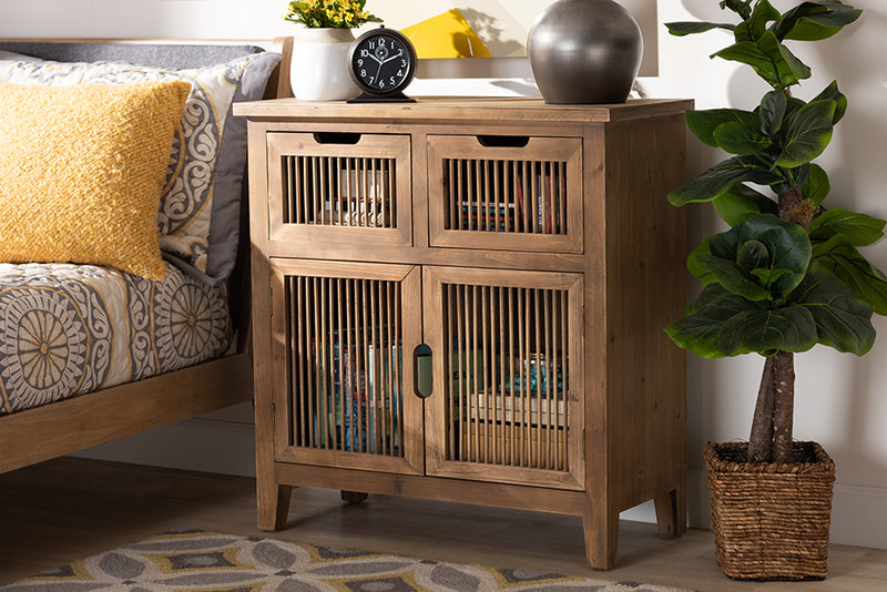 Baxton Studio Clement Rustic Transitional Medium Oak Finished 2-Door and 2-Drawer Wood Spindle Accent Storage Cabinet