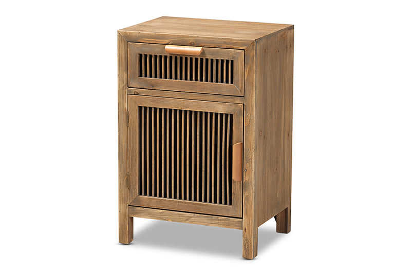 Baxton Studio Clement Rustic Transitional Medium Oak Finished 1-Door and 1-Drawer Wood Spindle Nightstand