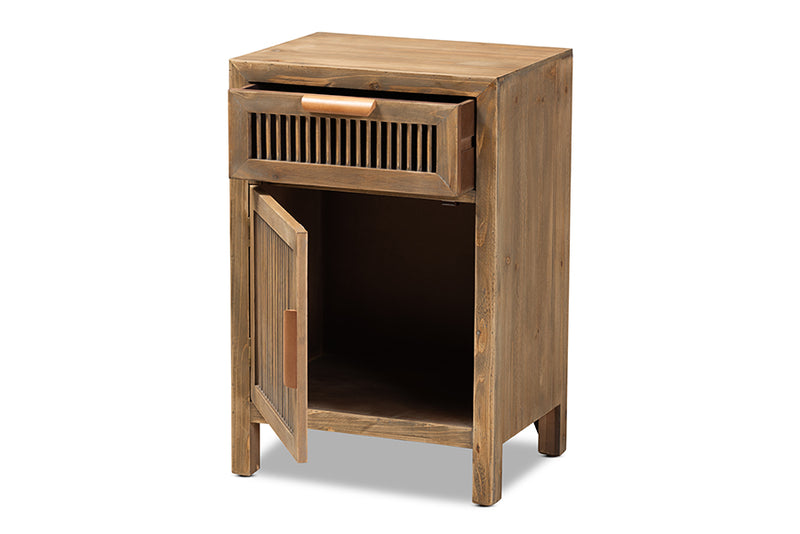 Baxton Studio Clement Rustic Transitional Medium Oak Finished 1-Door and 1-Drawer Wood Spindle Nightstand