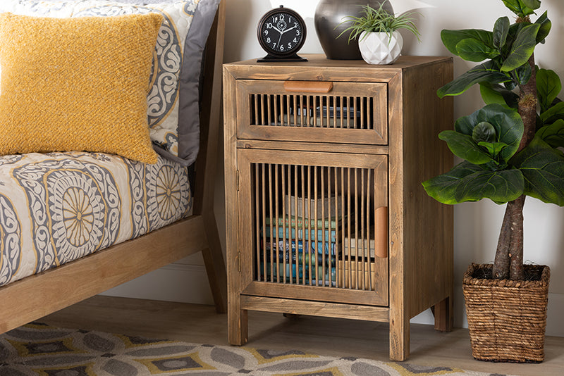 Baxton Studio Clement Rustic Transitional Medium Oak Finished 1-Door and 1-Drawer Wood Spindle Nightstand